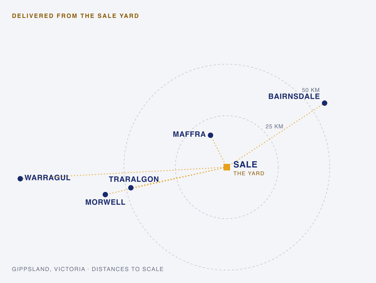 Delivery radius map: Sale yard to Traralgon, Morwell, Maffra, Bairnsdale and Warragul